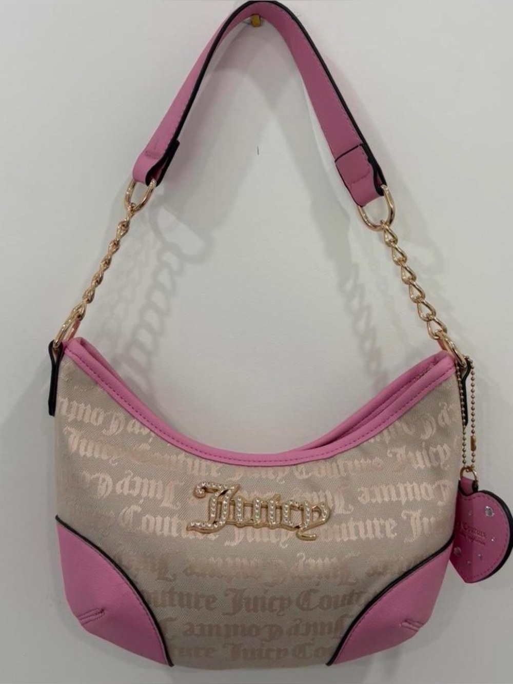 Juicy Couture Beige Monogram Shoulder Bag with Pink Trim